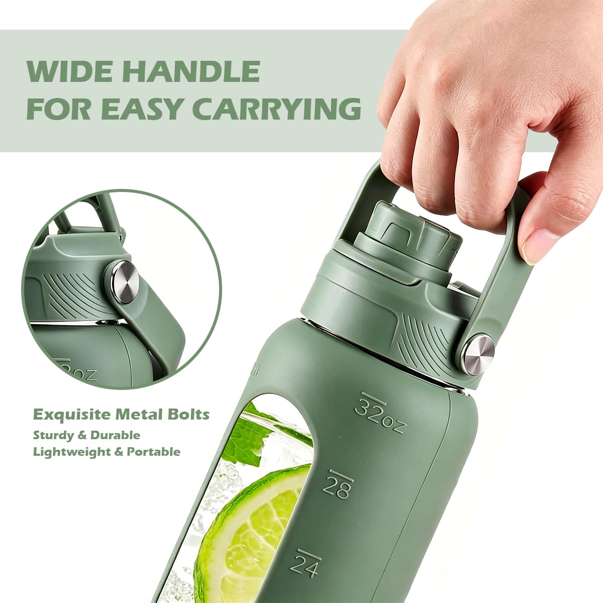High-Quality Borosilicate Glass Sports Water Bottle, Green, 32oz NEW