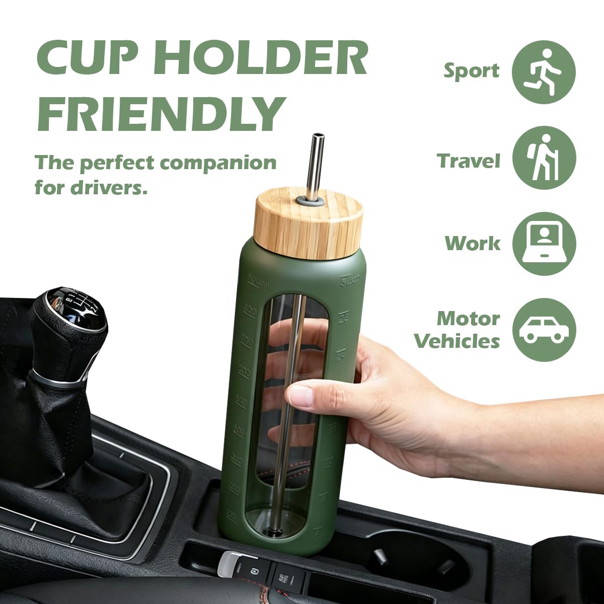 High-Quality Borosilicate Glass Sports Water Bottle, Green, 32oz NEW