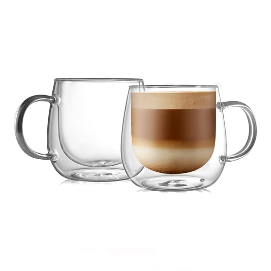 CNGLASS 12oz Double Walled Glass Coffee Mugs Set of 2 Transparent Cups Size NEW