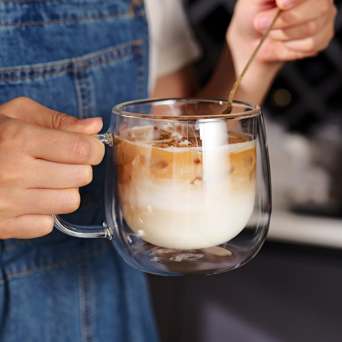 CNGLASS 12oz Double Walled Glass Coffee Mugs Set of 2 Transparent Cups Size NEW