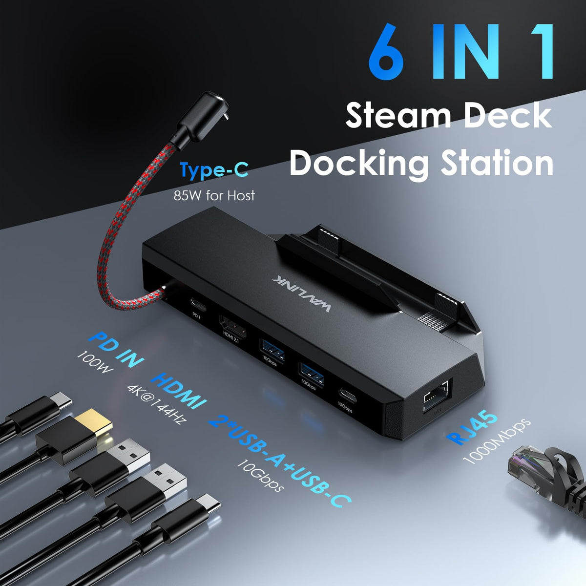 WAVLINK 6-in-1 Docking Station for Steam Deck/ROG Ally 4K Ultra HD Black NEW