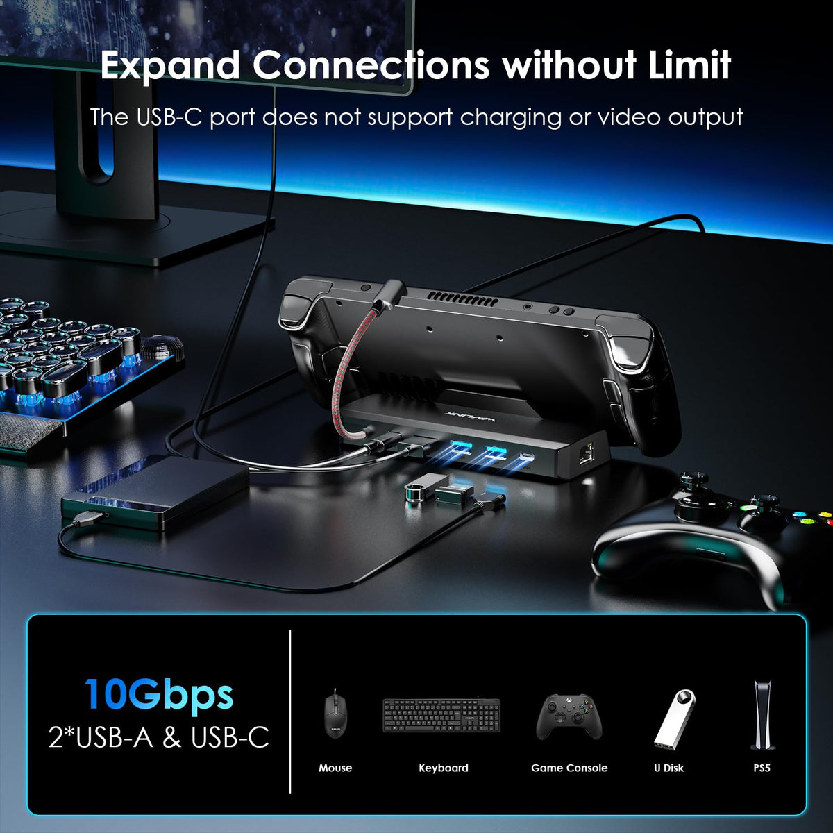 WAVLINK 6-in-1 Docking Station for Steam Deck/ROG Ally 4K Ultra HD Black NEW