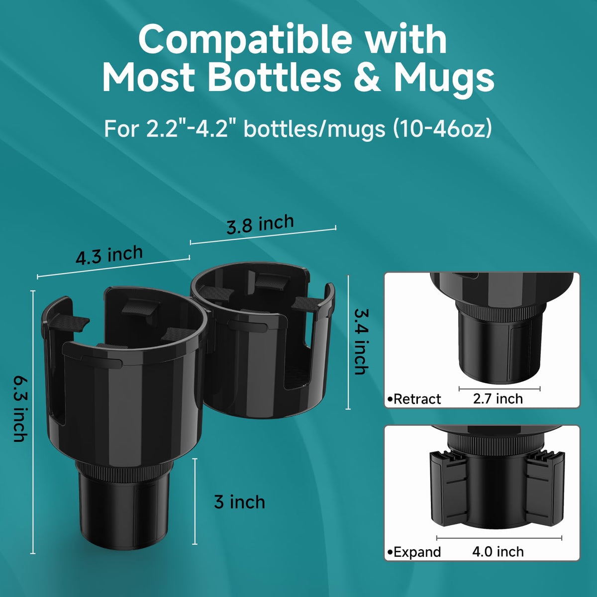 2-in-1 Black Car Cup Holder Extender Fits Bottles & Drinks Holders NEW
