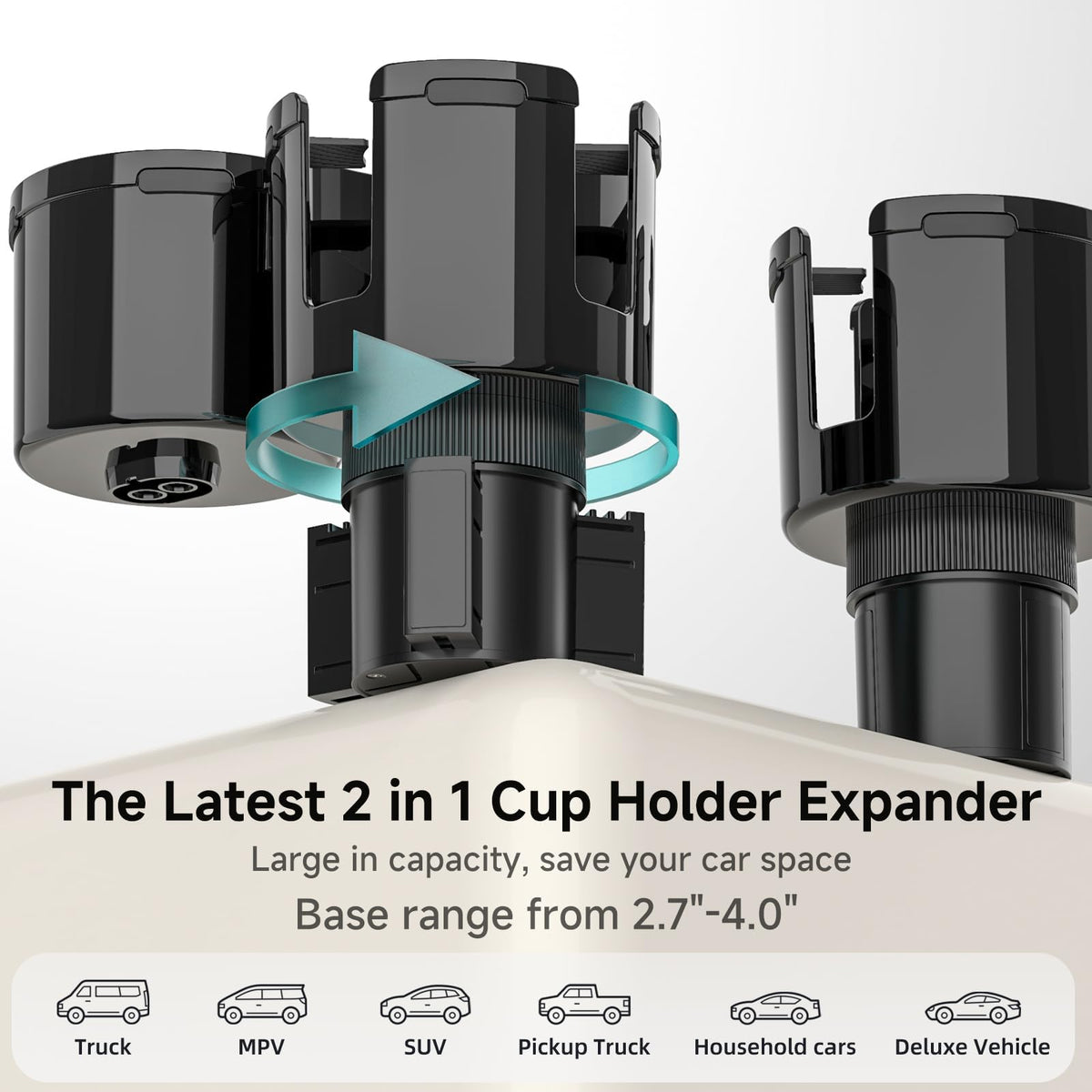2-in-1 Black Car Cup Holder Extender Fits Bottles & Drinks Holders NEW