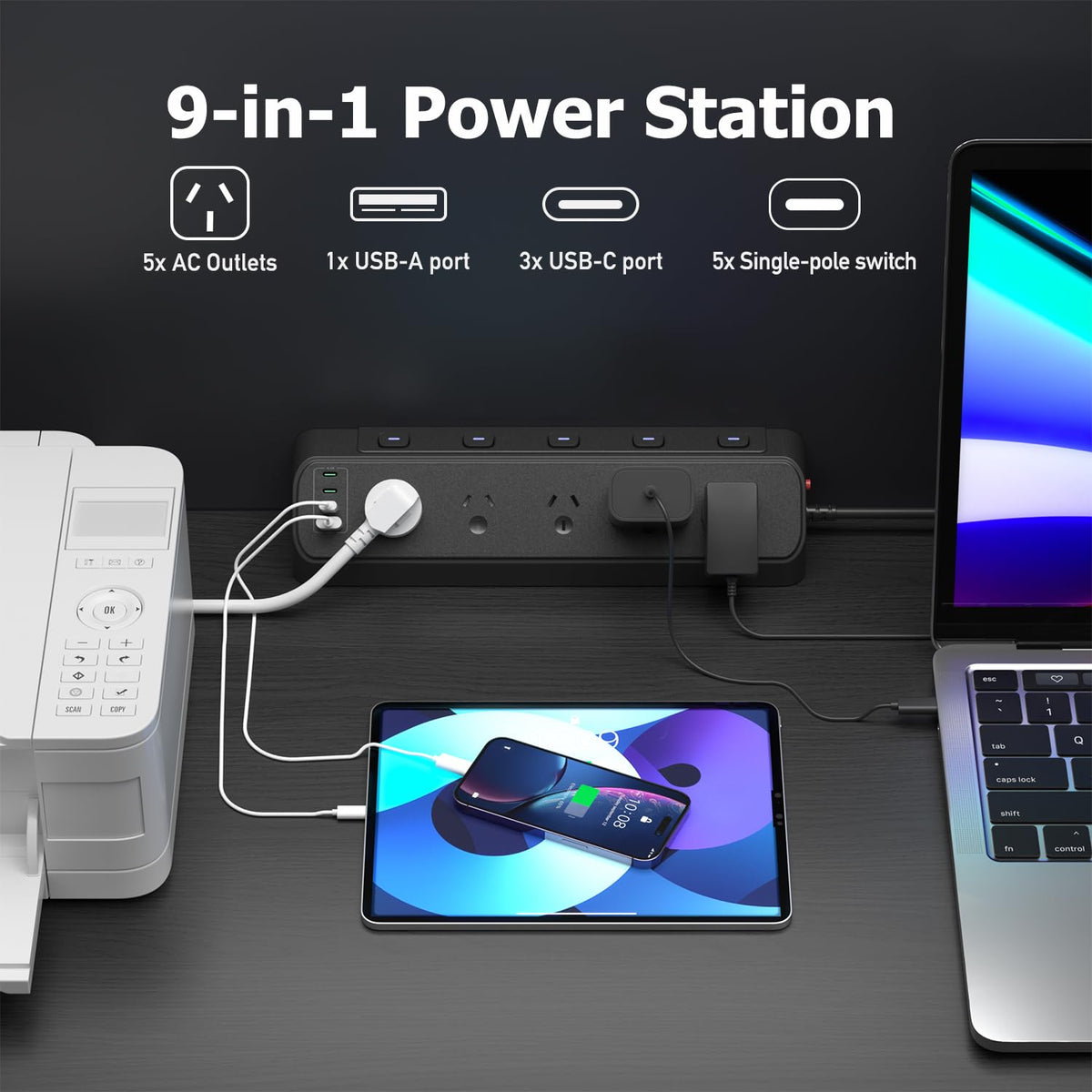3-Outlet Desktop Power Strip with Independent Switches in Black NEW