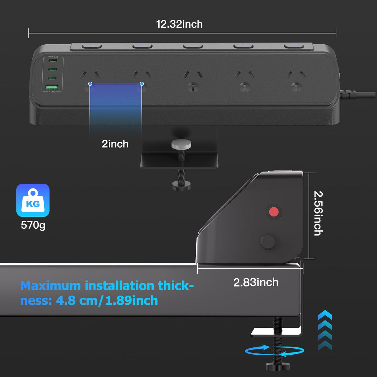 3-Outlet Desktop Power Strip with Independent Switches in Black NEW