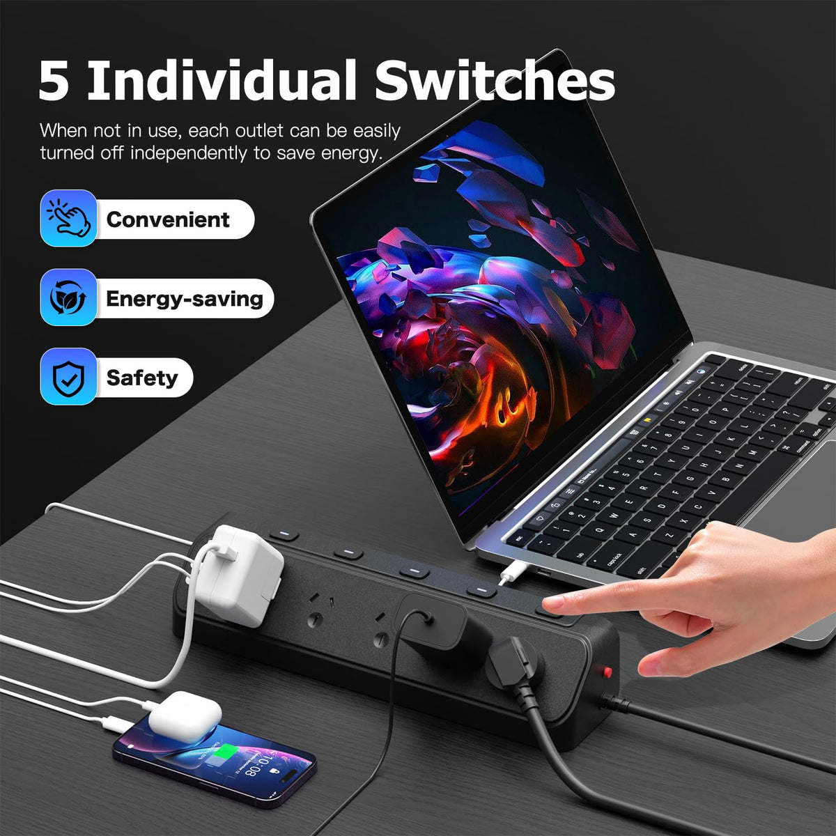 3-Outlet Desktop Power Strip with Independent Switches in Black NEW