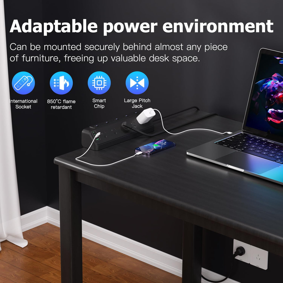 3-Outlet Desktop Power Strip with Independent Switches in Black NEW