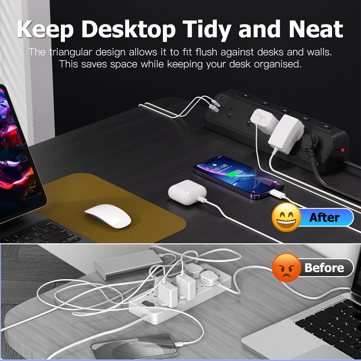 3-Outlet Desktop Power Strip with Independent Switches in Black NEW