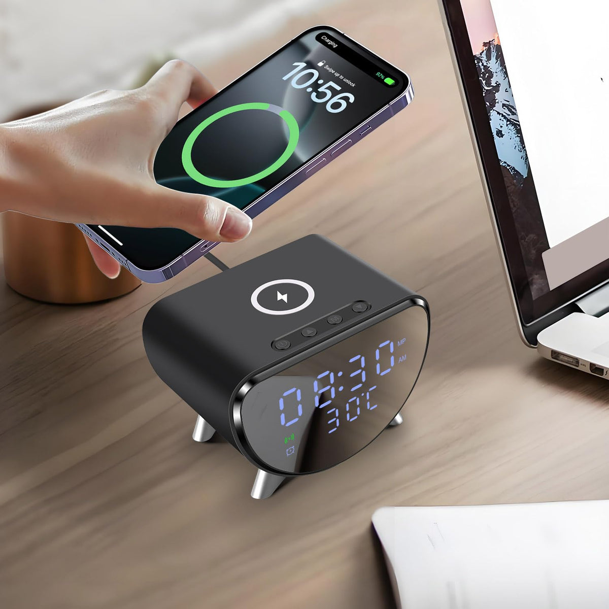 15W Wireless Charging Station with Digital Display in Black for Smartphones NEW