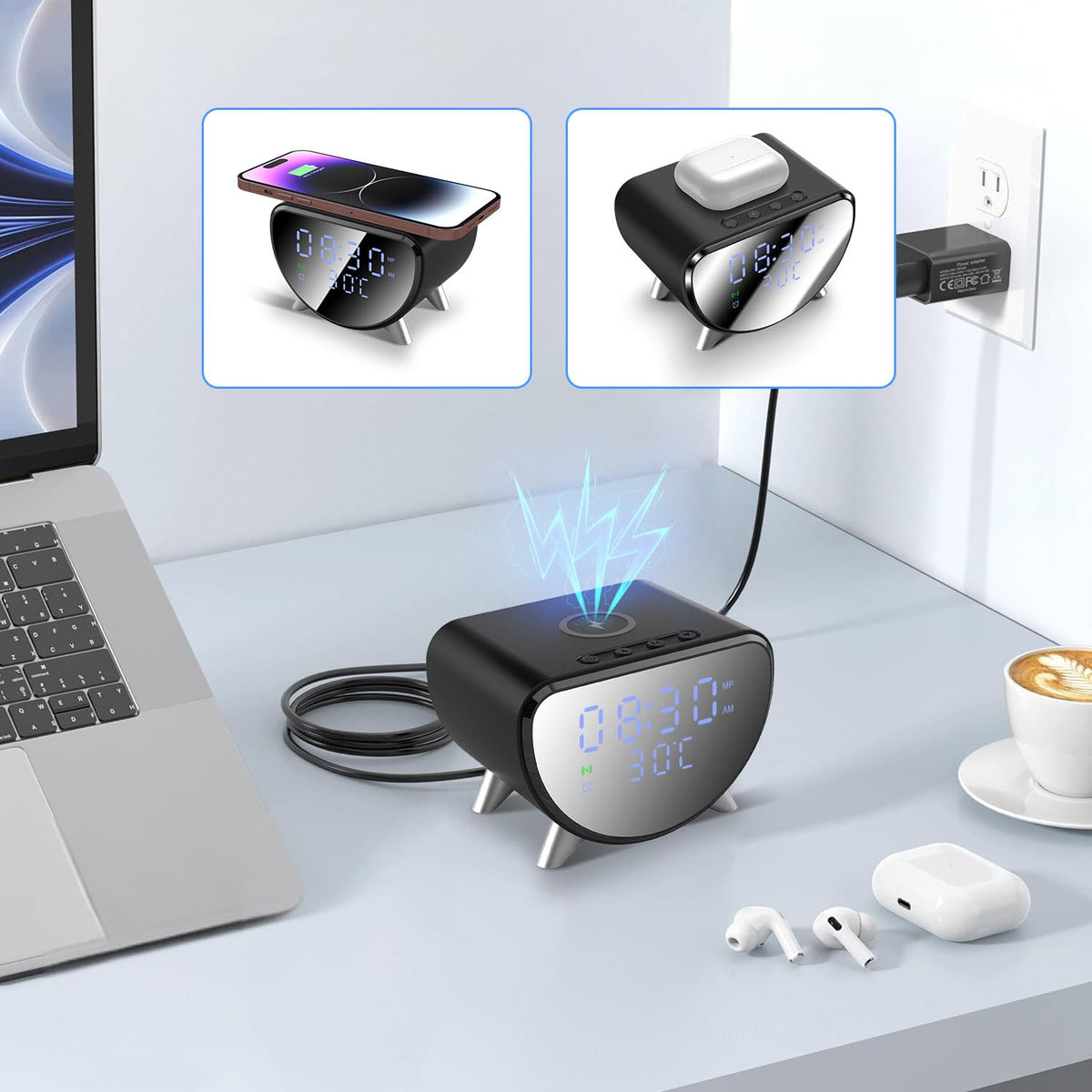 15W Wireless Charging Station with Digital Display in Black for Smartphones NEW