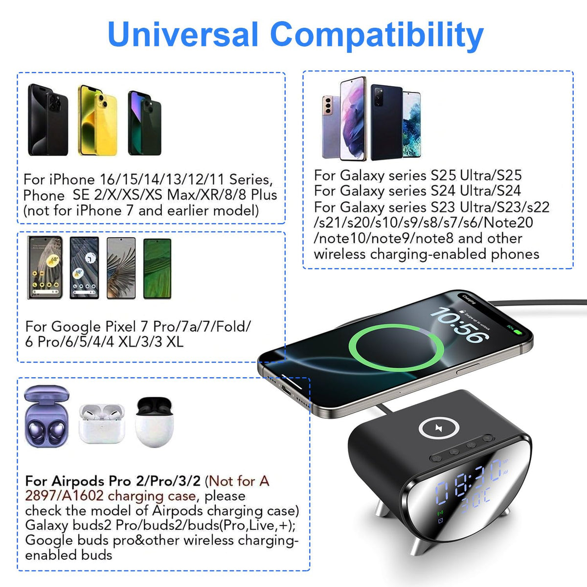 15W Wireless Charging Station with Digital Display in Black for Smartphones NEW