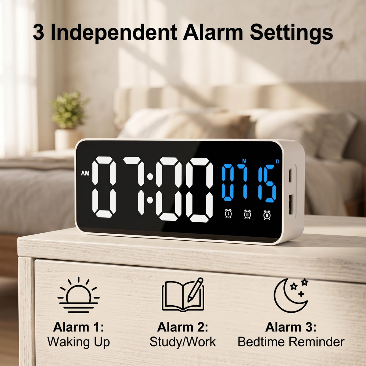 White LED Digital Alarm Clock with Time, Date & Temperature Display NEW