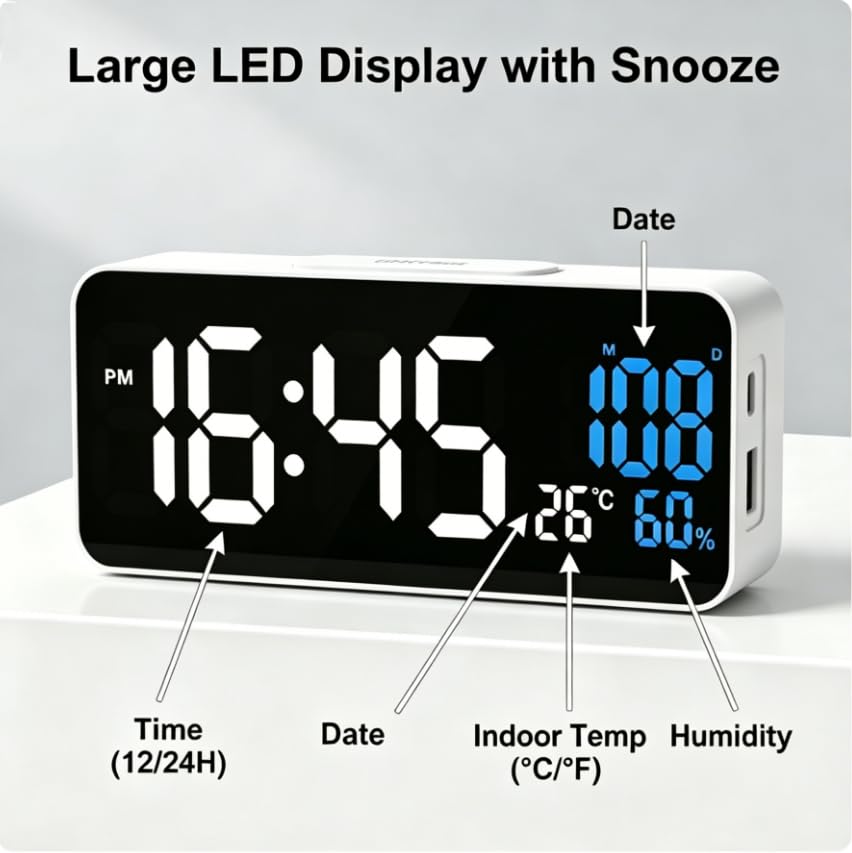 White LED Digital Alarm Clock with Time, Date & Temperature Display NEW