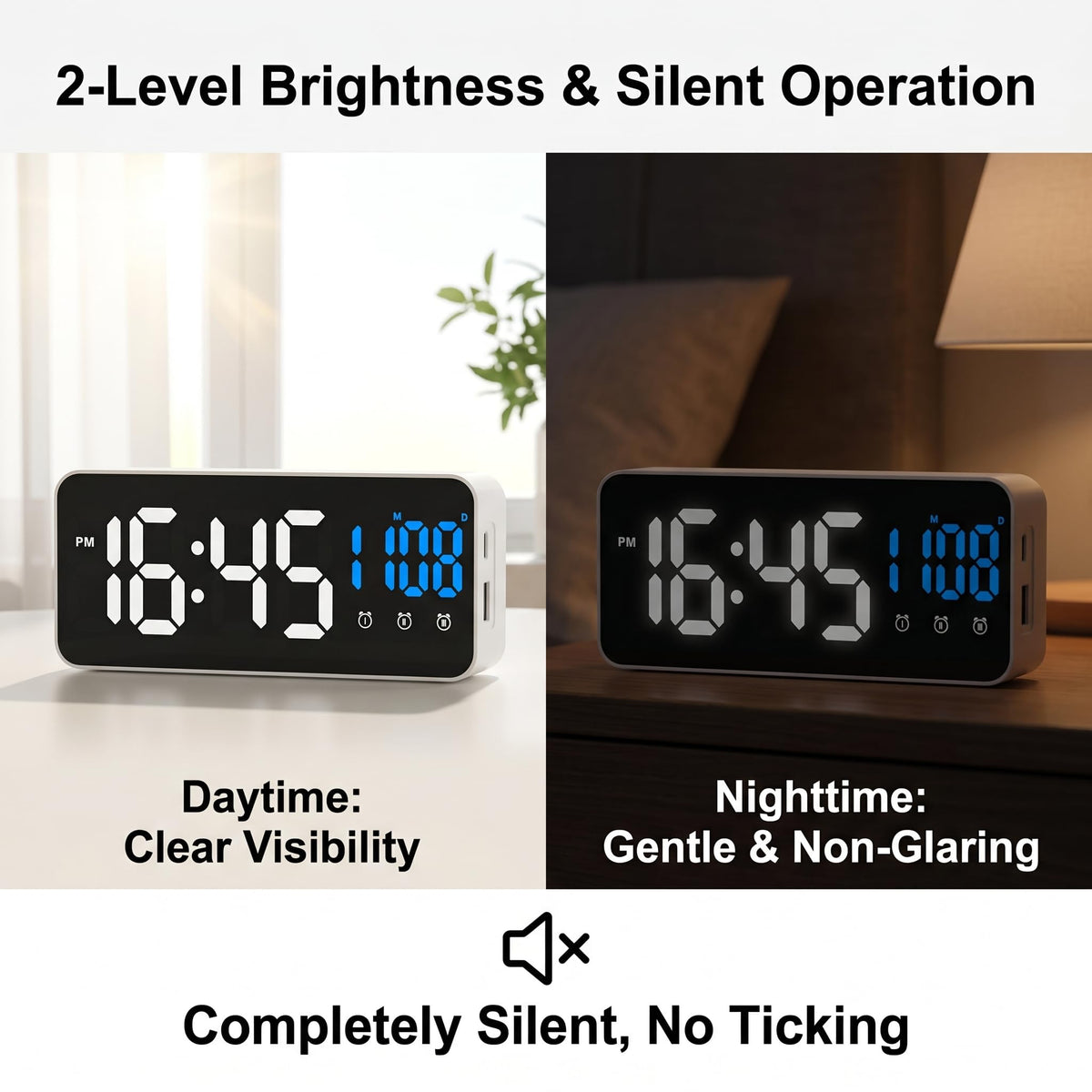White LED Digital Alarm Clock with Time, Date & Temperature Display NEW