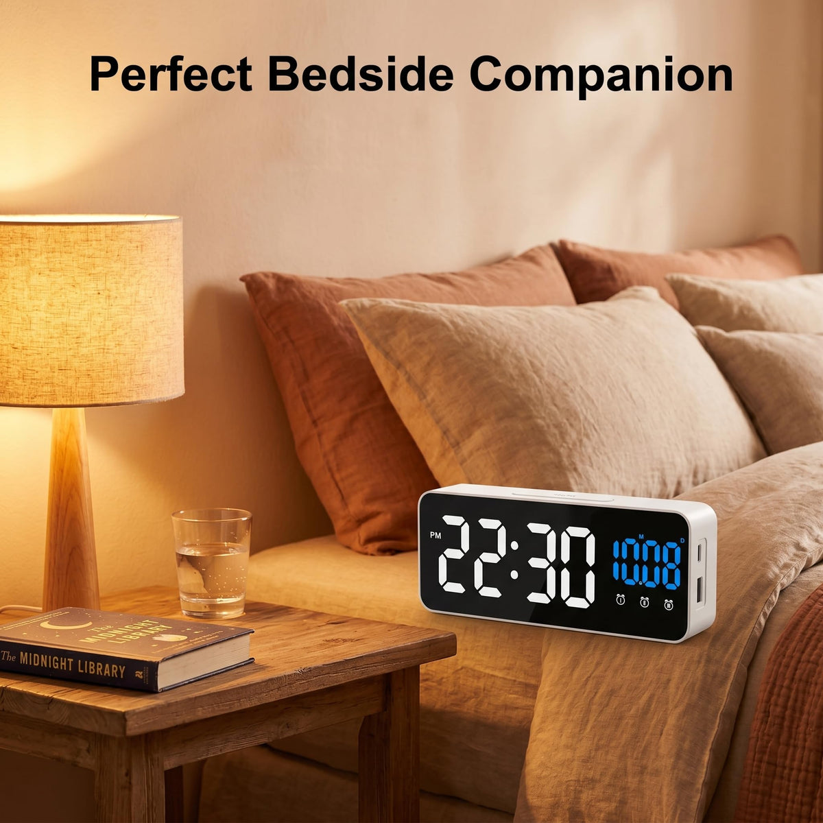 White LED Digital Alarm Clock with Time, Date & Temperature Display NEW
