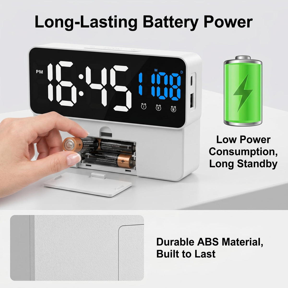 White LED Digital Alarm Clock with Time, Date & Temperature Display NEW