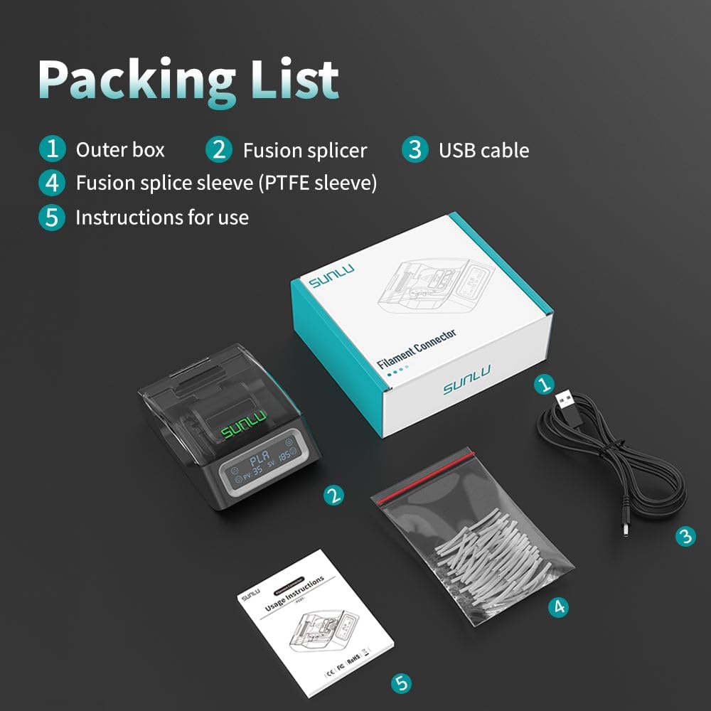 SUNLU 3D Printer Filament Splicer with 200 PTFE Sleeves Black Joiner Tool DEMO