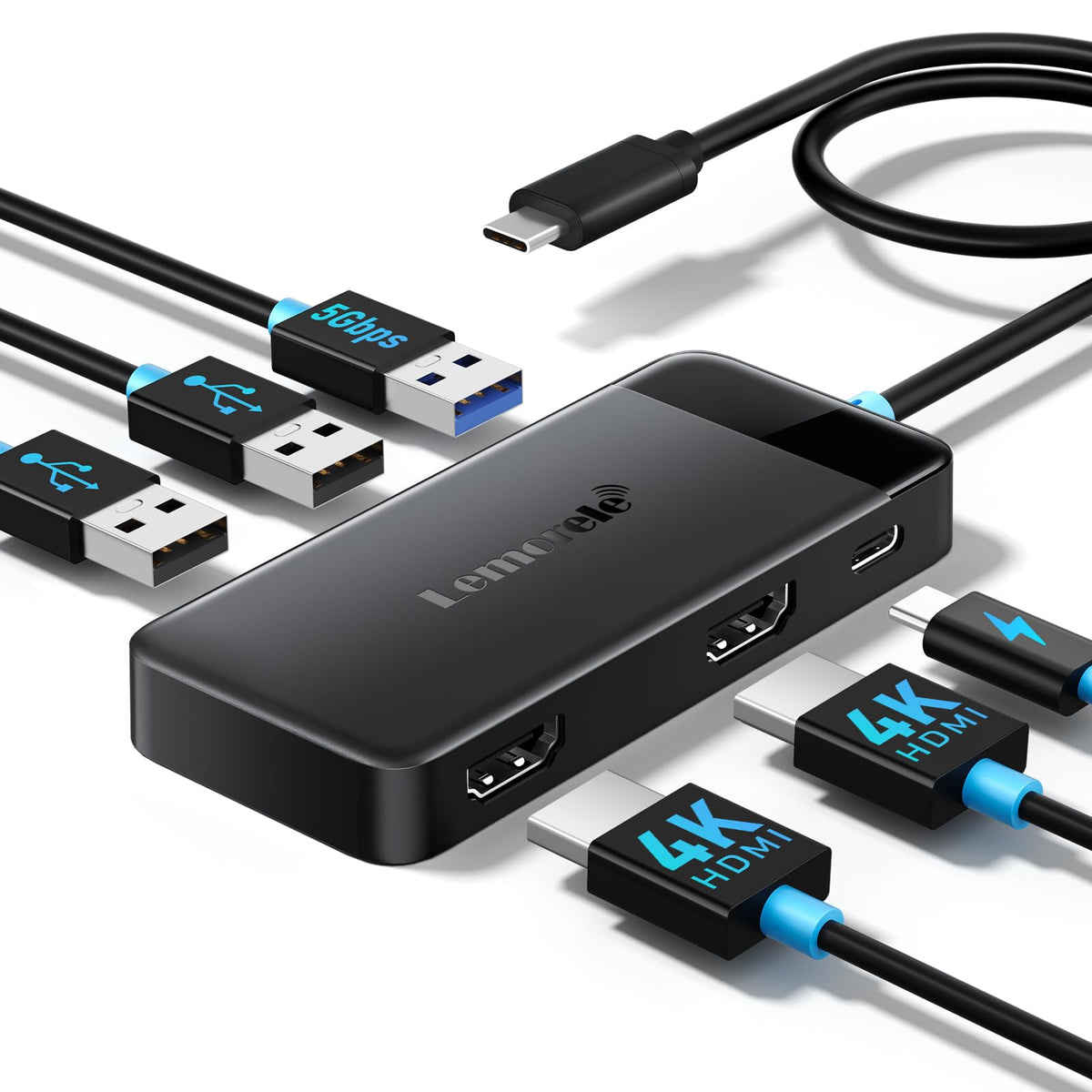 Lemorele 6-in-1 USB-C Docking Station with Dual 4K HDMI Ports, Black NEW