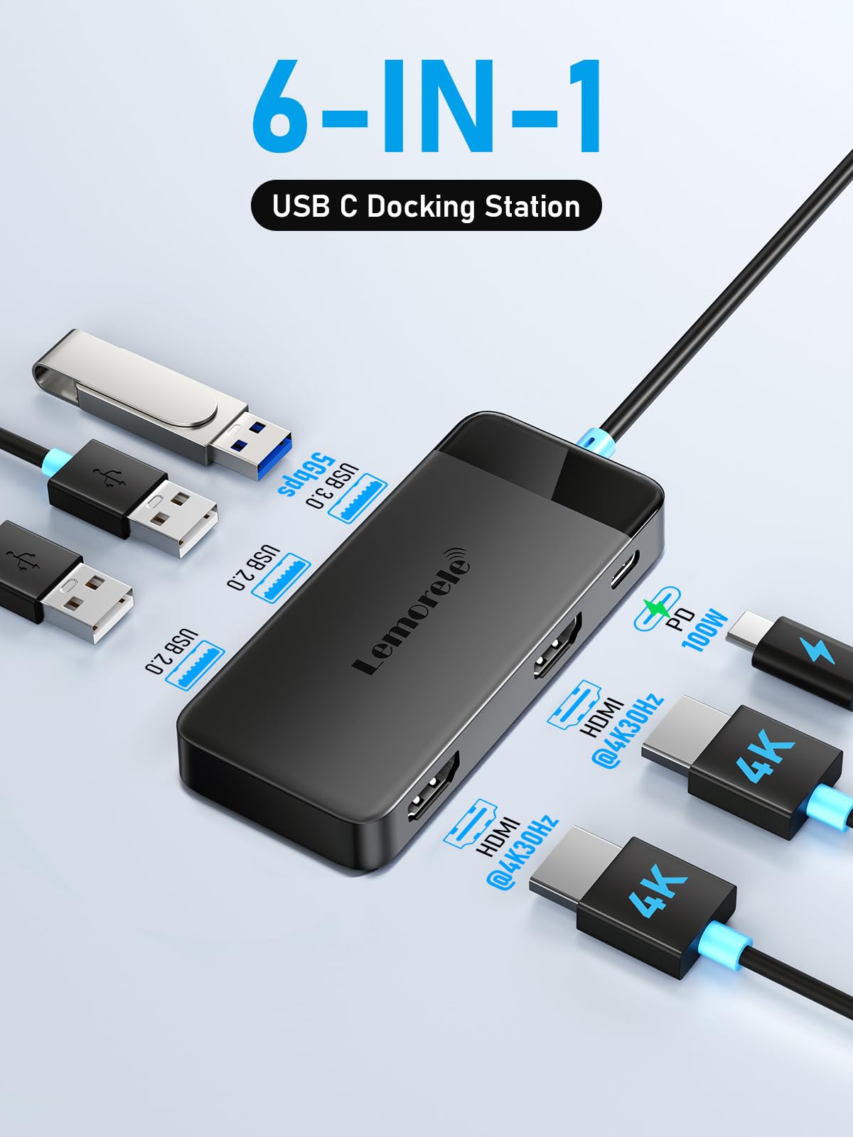 Lemorele 6-in-1 USB-C Docking Station with Dual 4K HDMI Ports, Black NEW