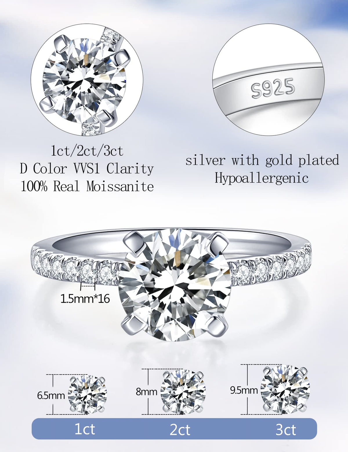 IMOLOVE Moissanite Rings Engagement Ring 1-2CT D VVS1 Sterling Silver Size NEW