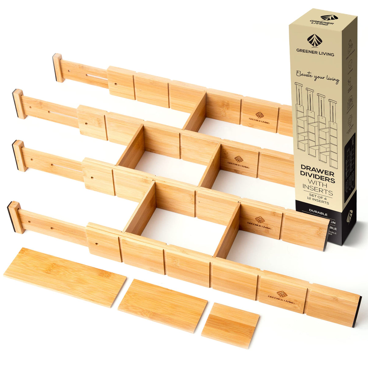 Greener Living Expandable Bamboo Drawer Dividers Organizer with 12 Inserts DEMO