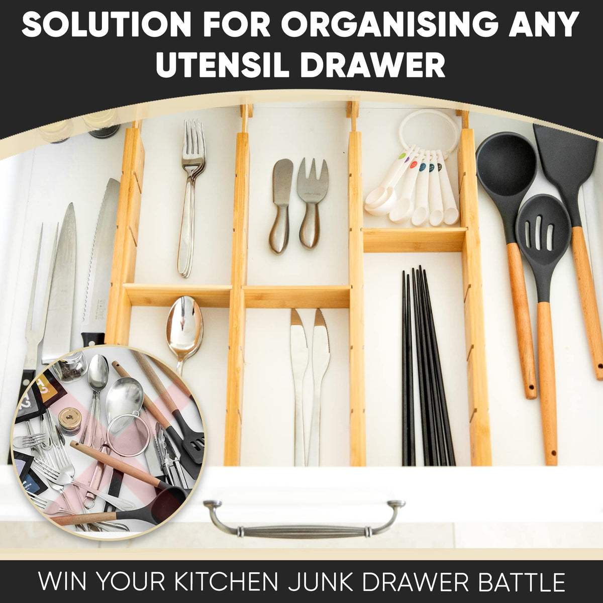 Greener Living Expandable Bamboo Drawer Dividers Organizer with 12 Inserts DEMO