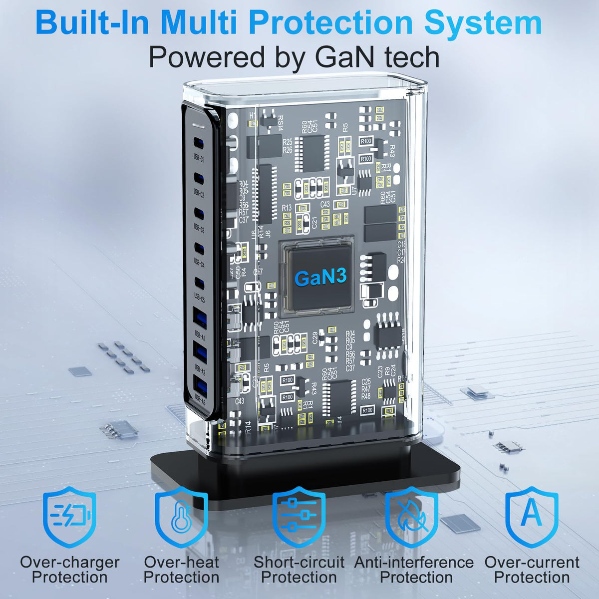 140W 8-Port USB-C GaN Fast Charging Station with 600W Power Adapter for DEMO