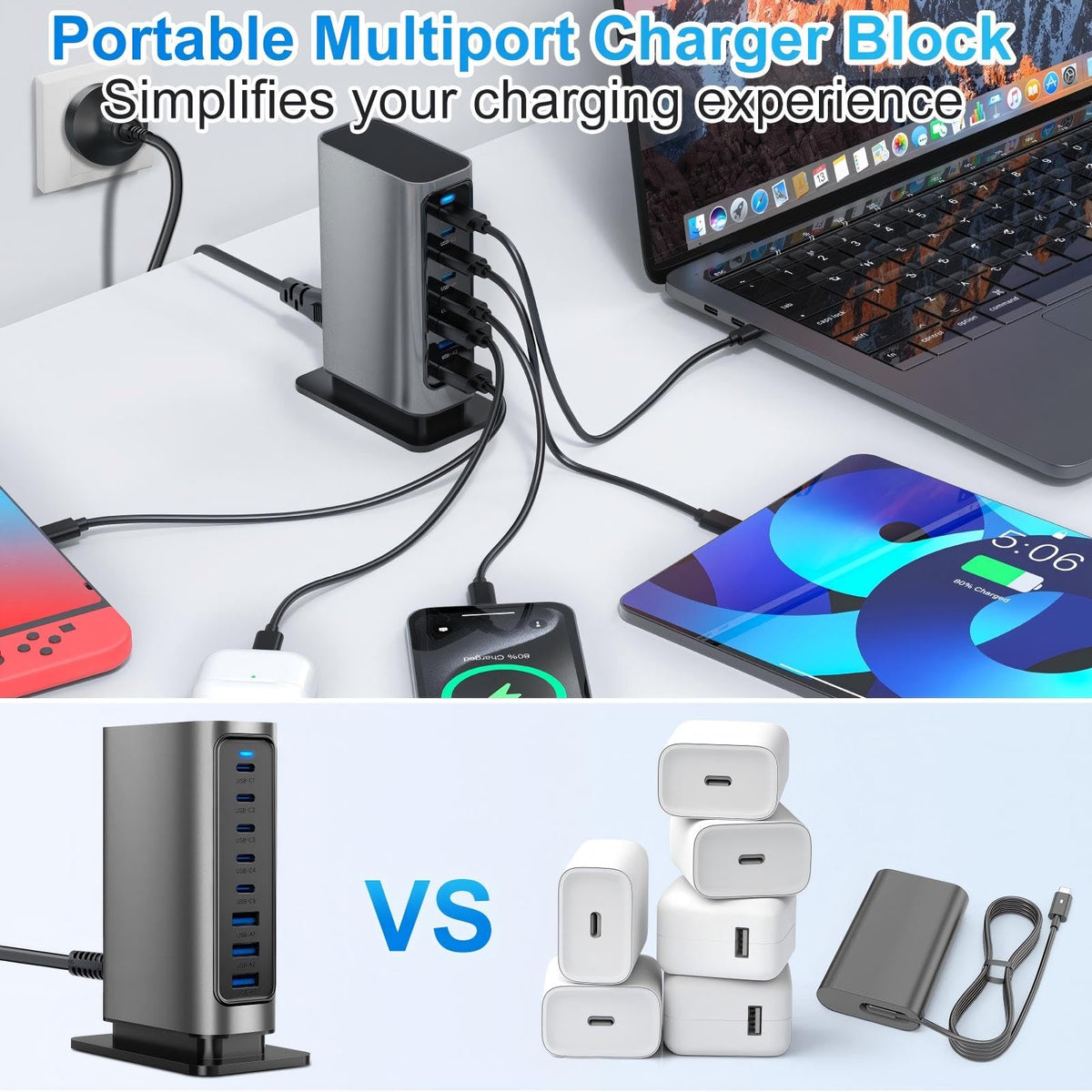 140W 8-Port USB-C GaN Fast Charging Station with 600W Power Adapter for DEMO