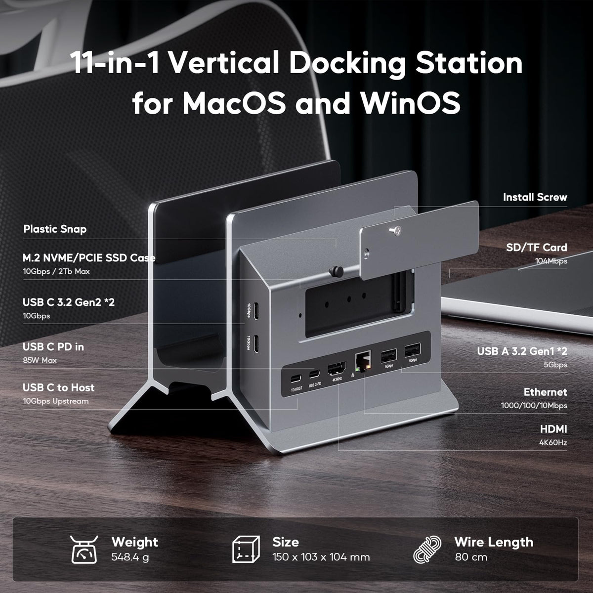 PULWTOP Vertical Laptop Docking Station with M.2 SSD Slot, Space Gray, for DEMO