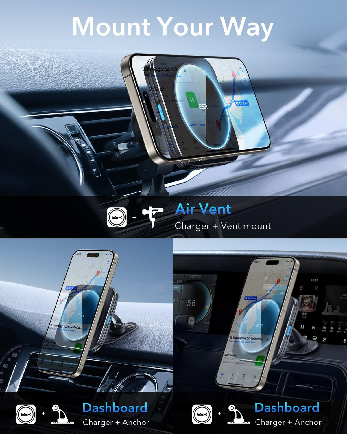 ESR 15W Automobile Chargers Magnetic Wireless Car Charger for iPhone - Black NEW