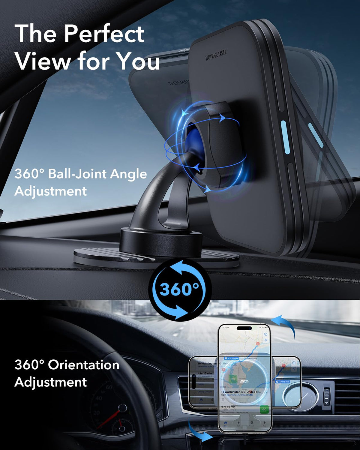 ESR 15W Automobile Chargers Magnetic Wireless Car Charger for iPhone - Black NEW