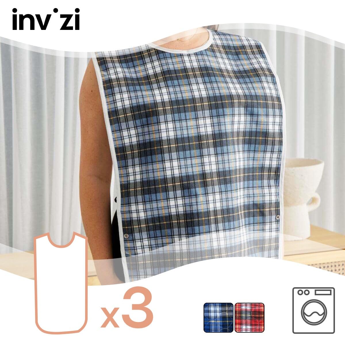 invizi Reusable Waterproof Adult Bibs Spill Protectors Blue Tartan Size NEW