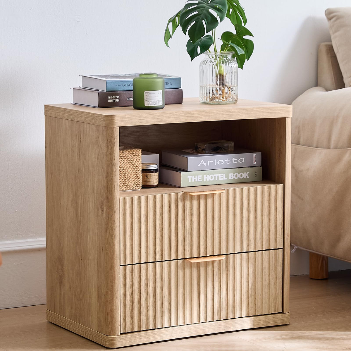 LELELINKY Natural Oak Bedside Table with 2 Drawers and Open Shelf Size NEW