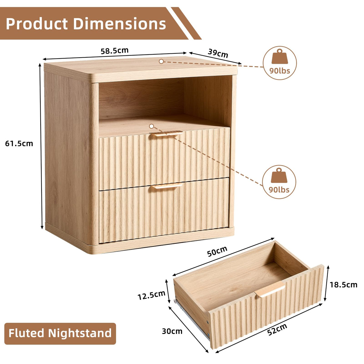 LELELINKY Natural Oak Bedside Table with 2 Drawers and Open Shelf Size NEW
