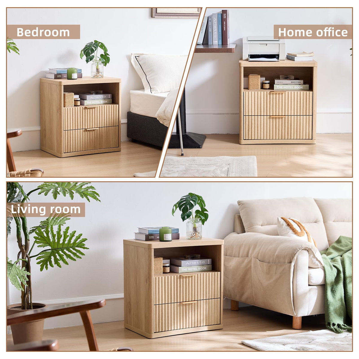 LELELINKY Natural Oak Bedside Table with 2 Drawers and Open Shelf Size NEW