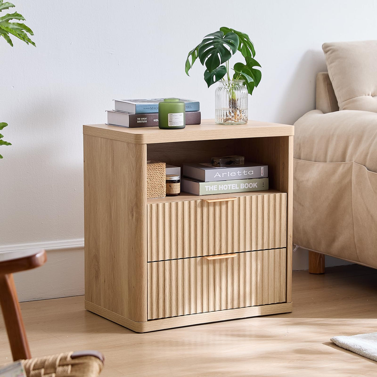 LELELINKY Natural Oak Bedside Table with 2 Drawers and Open Shelf Size NEW
