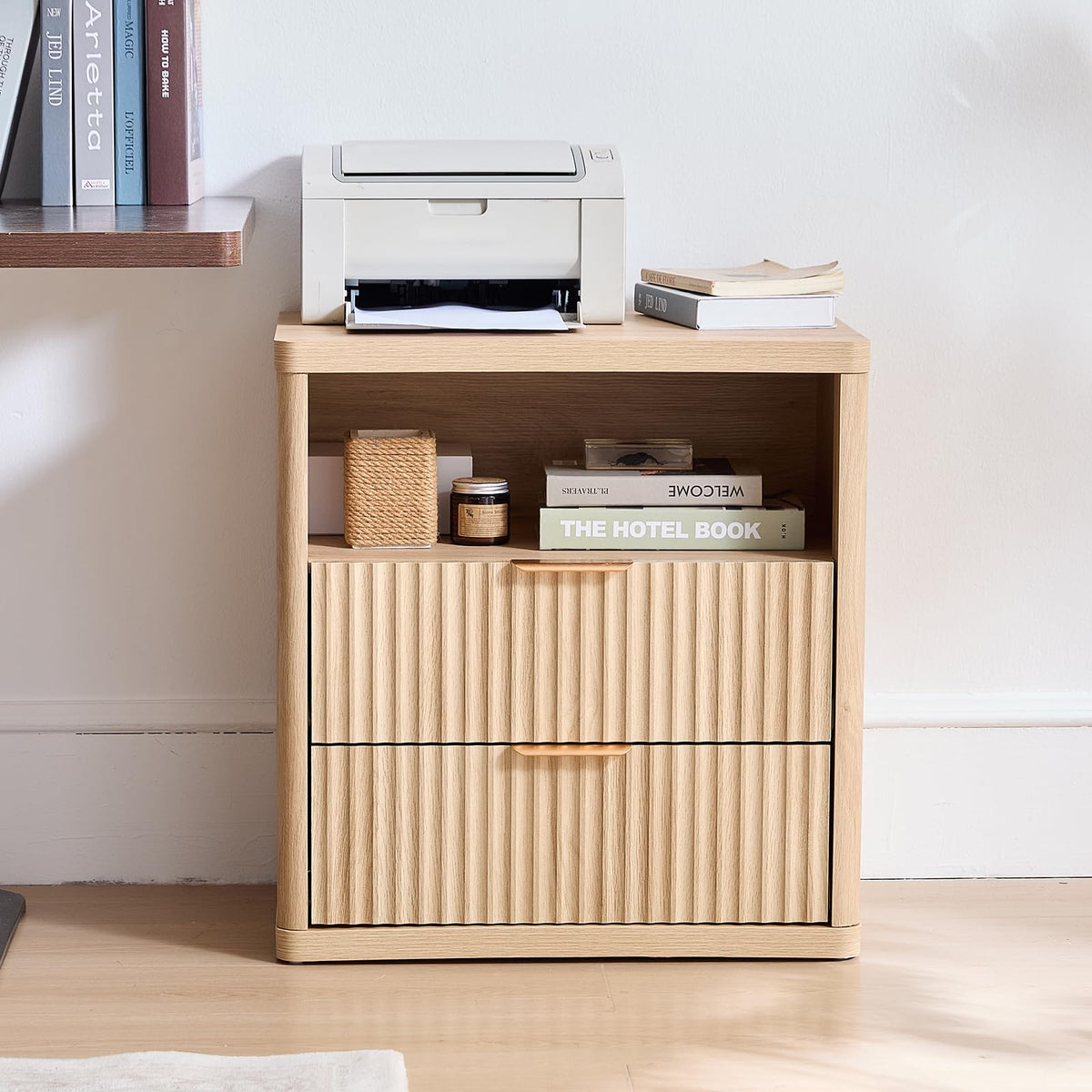 LELELINKY Natural Oak Bedside Table with 2 Drawers and Open Shelf Size NEW