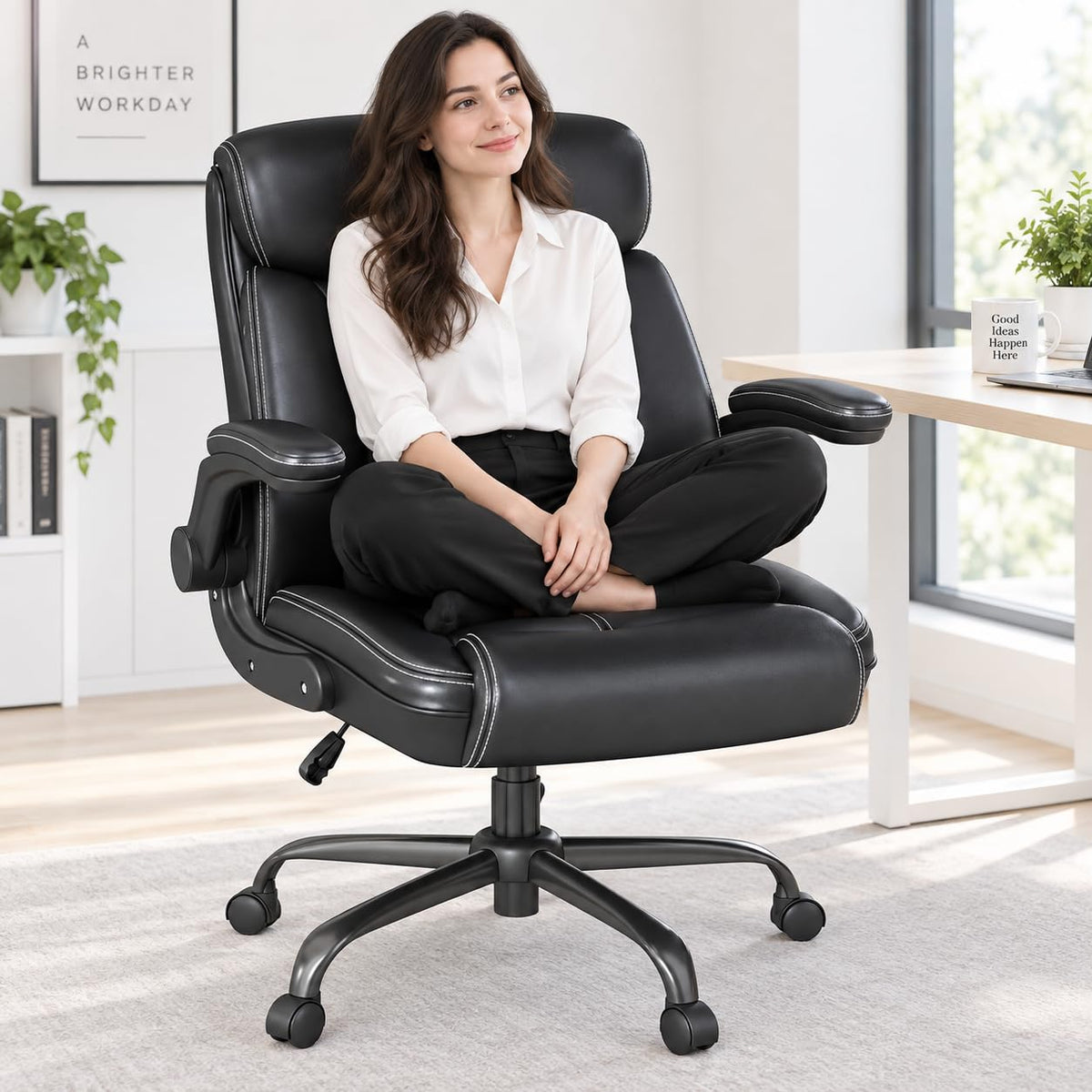 AnyGod Ergonomic Desk Chair Faux Leather Wide Seat Black Size 22 x 19 44 DEMO