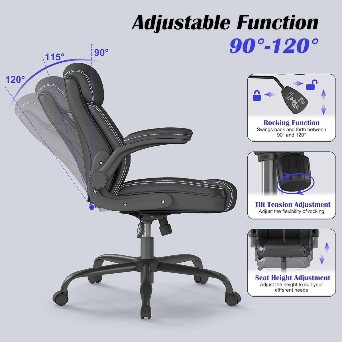 AnyGod Ergonomic Desk Chair Faux Leather Wide Seat Black Size 22 x 19 44 DEMO