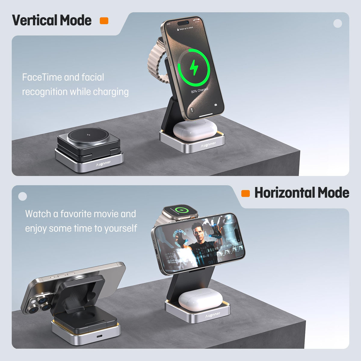 Augnner Foldable Wireless Charging Station with Night Light for Smartphones NEW