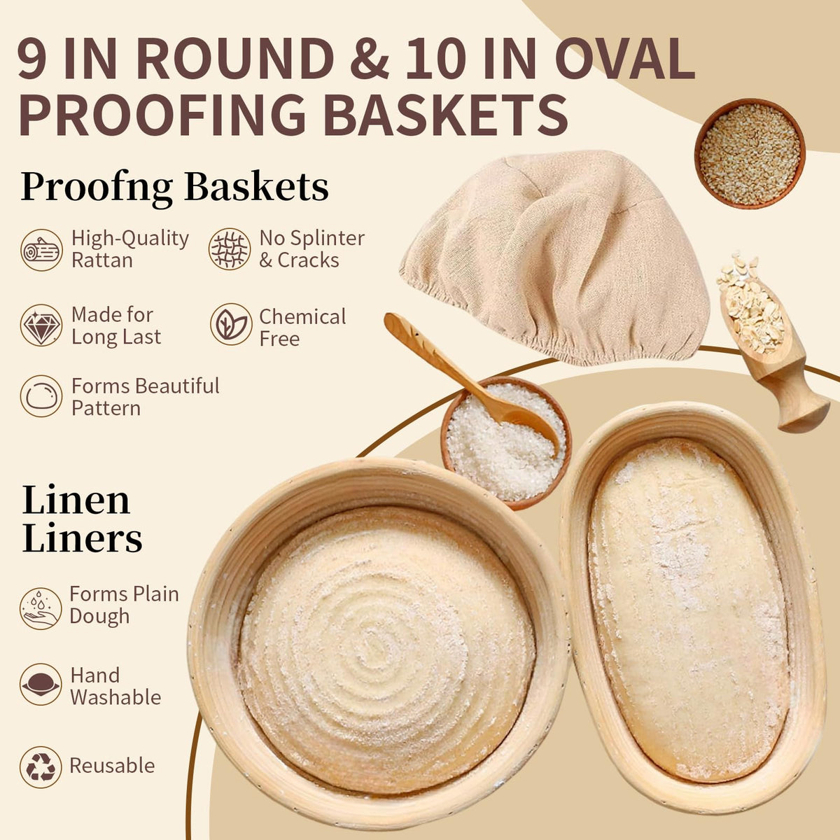 Sourdough Starter Kit with Round & Oval Rattan Bread Baskets in Beige NEW