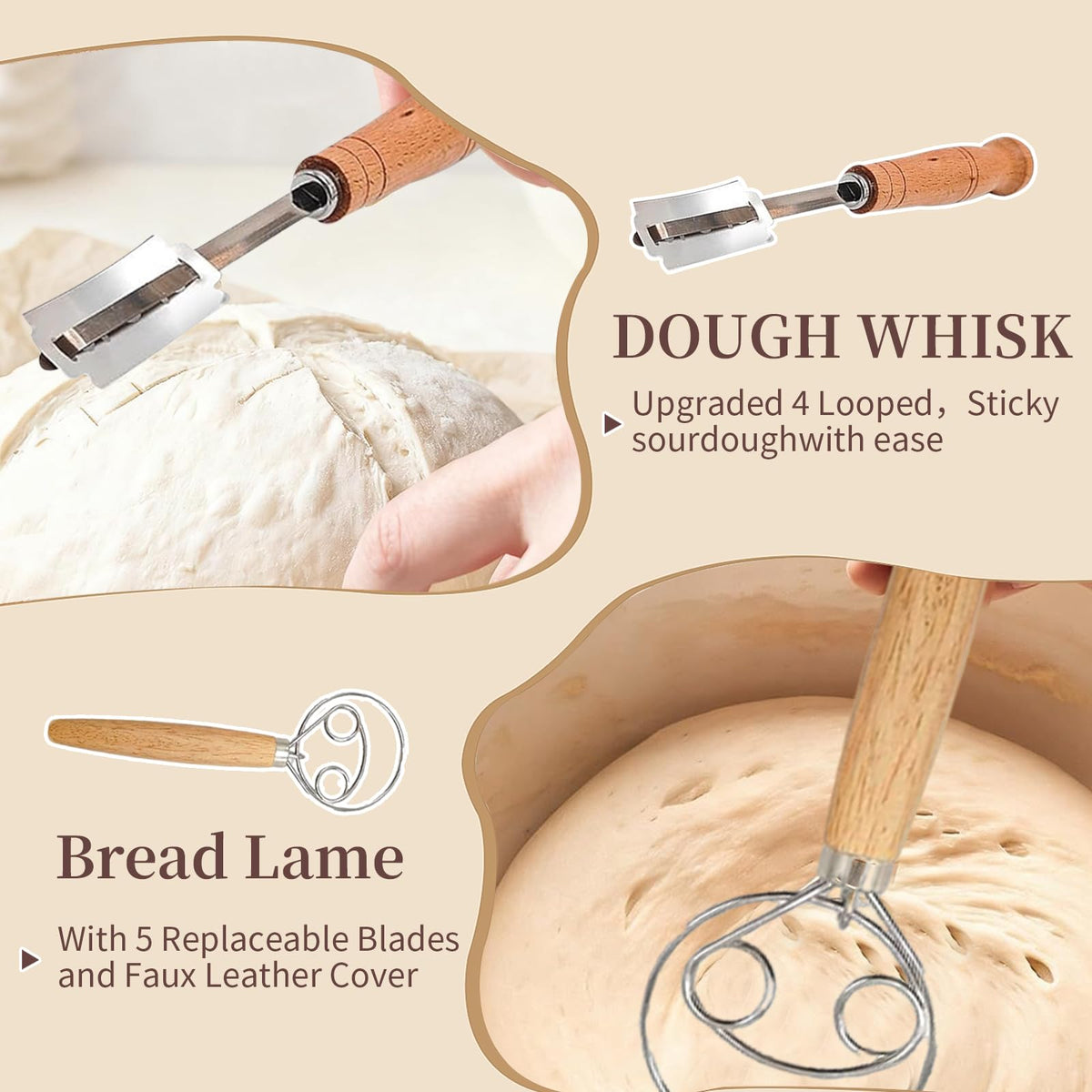 Sourdough Starter Kit with Round & Oval Rattan Bread Baskets in Beige NEW