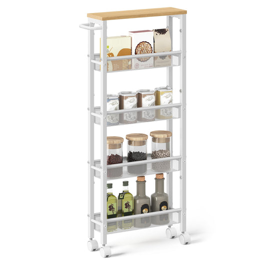 VASAGLE 5-Tier Storage Cart Slim Rolling Utility Organizer Oak & White NEW