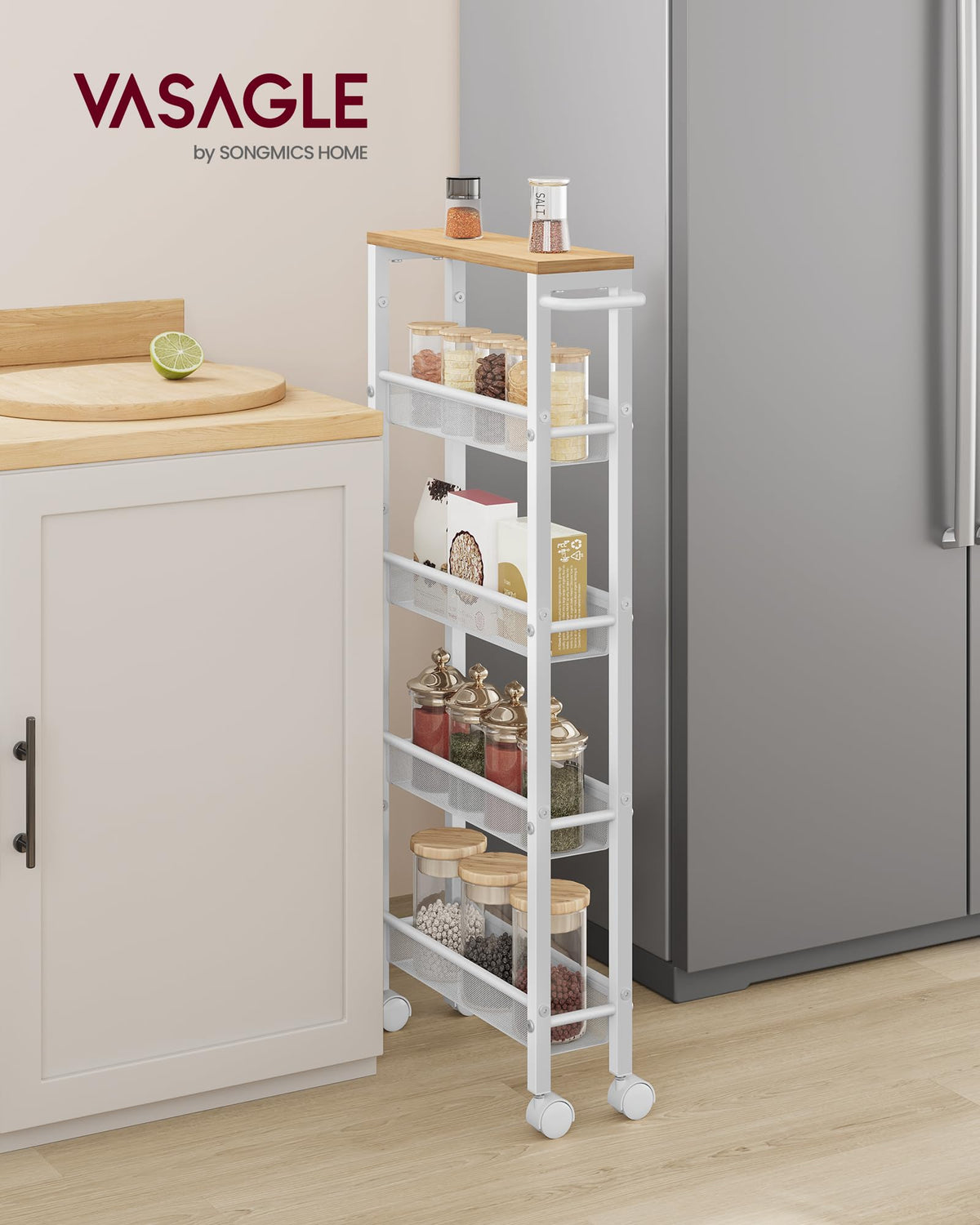 VASAGLE 5-Tier Storage Cart Slim Rolling Utility Organizer Oak & White NEW