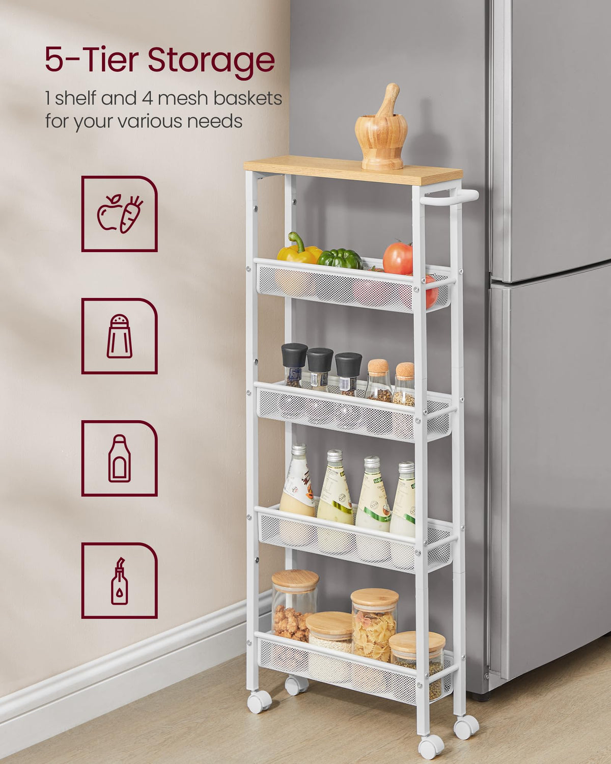 VASAGLE 5-Tier Storage Cart Slim Rolling Utility Organizer Oak & White NEW