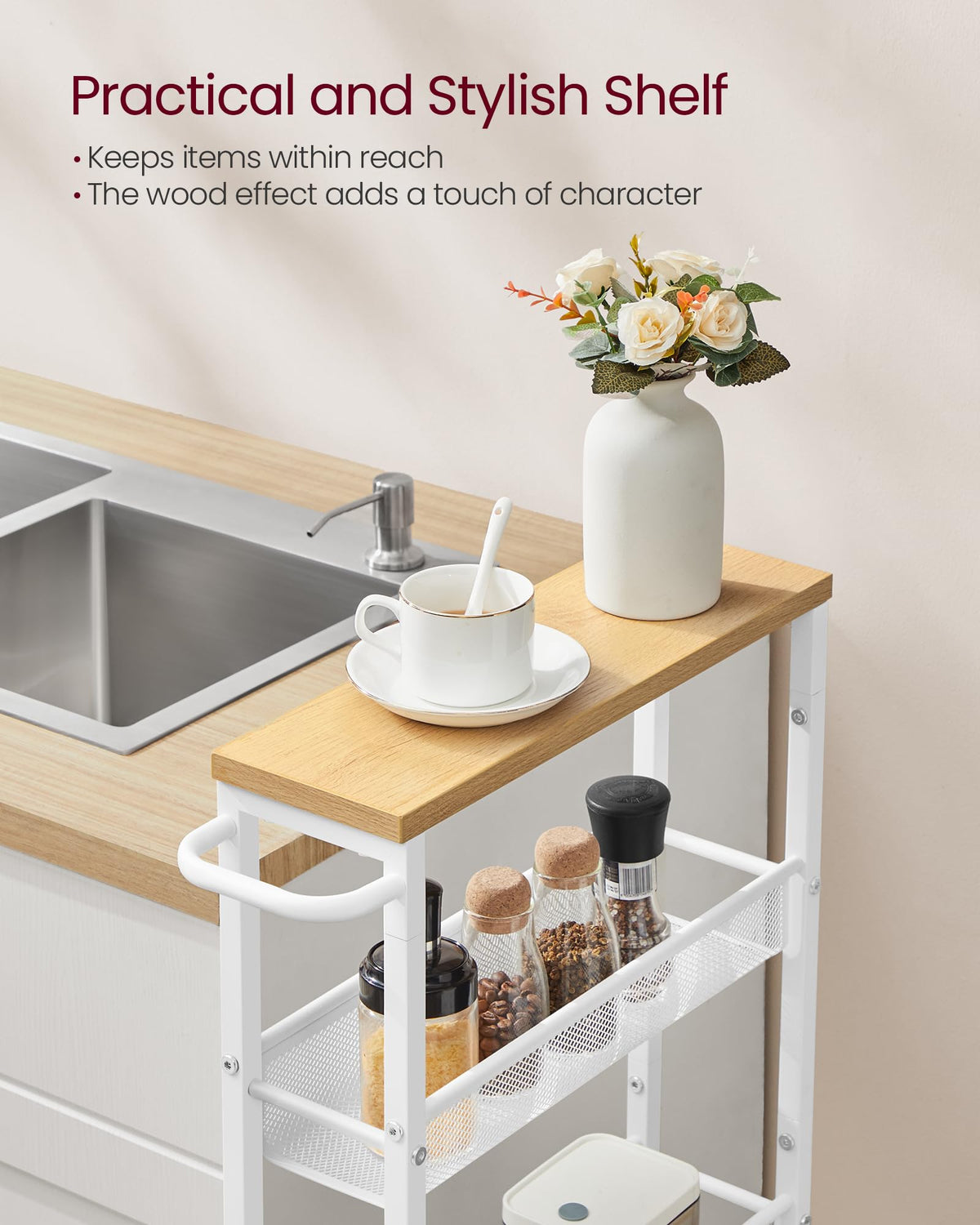 VASAGLE 5-Tier Storage Cart Slim Rolling Utility Organizer Oak & White NEW