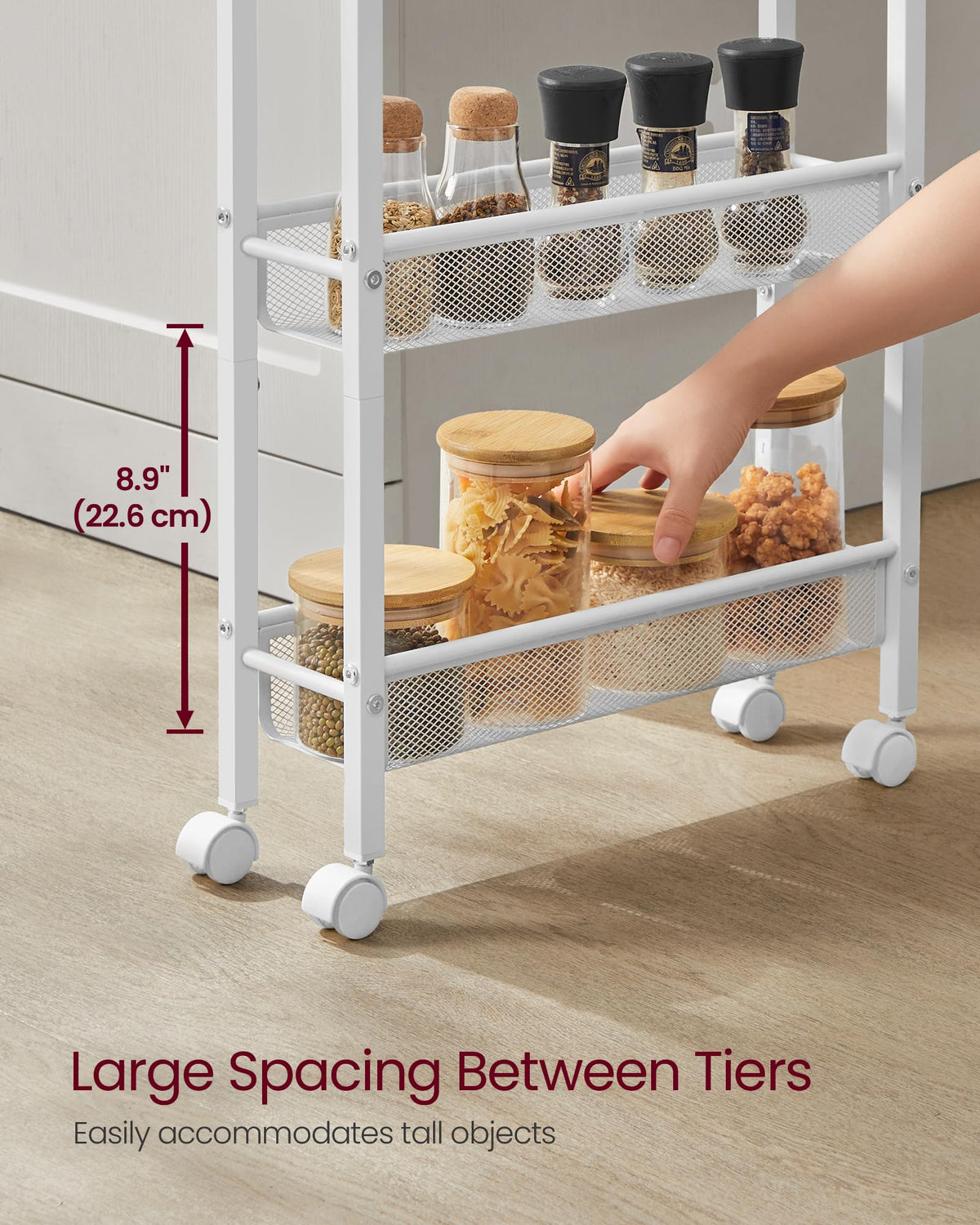 VASAGLE 5-Tier Storage Cart Slim Rolling Utility Organizer Oak & White NEW