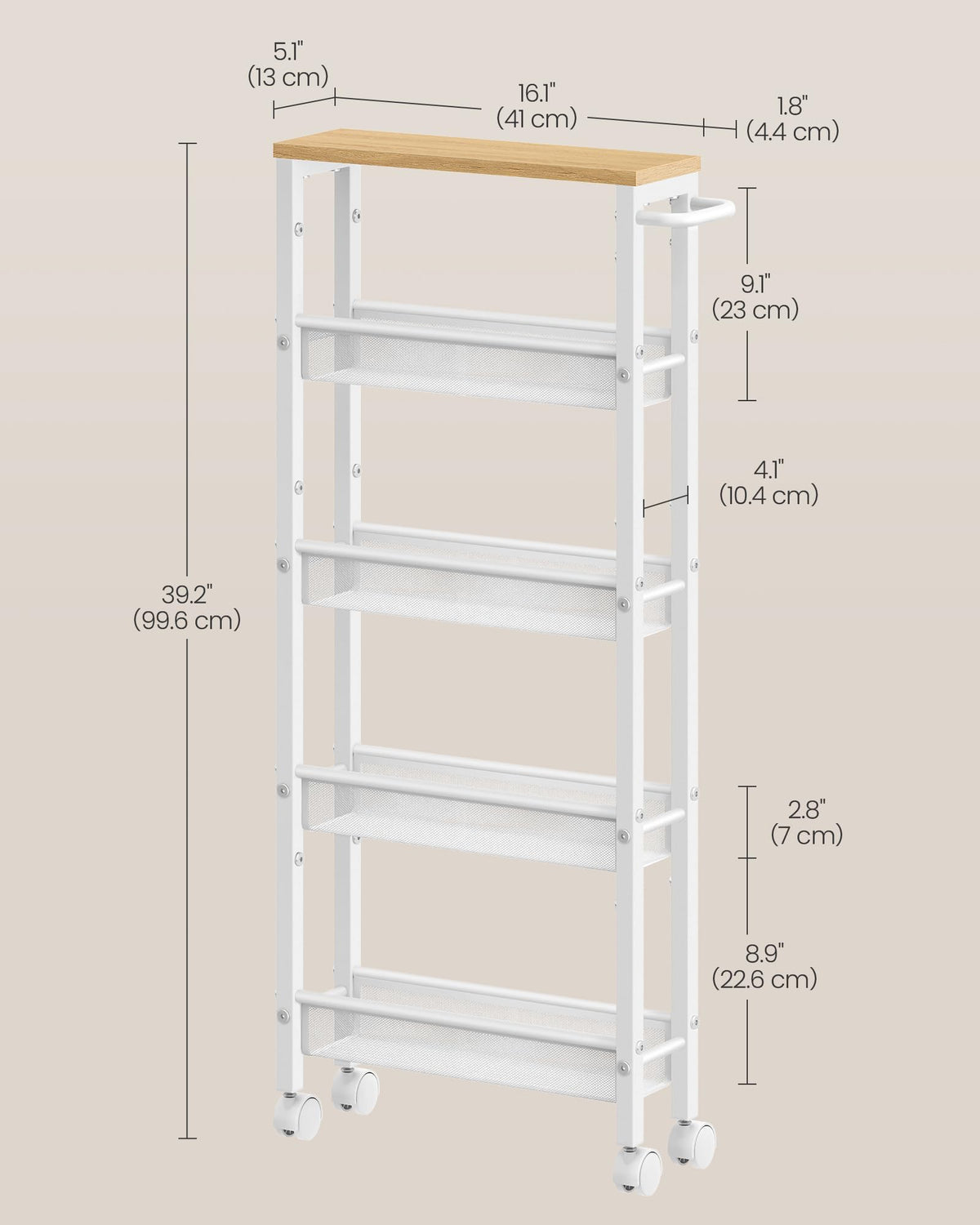 VASAGLE 5-Tier Storage Cart Slim Rolling Utility Organizer Oak & White NEW
