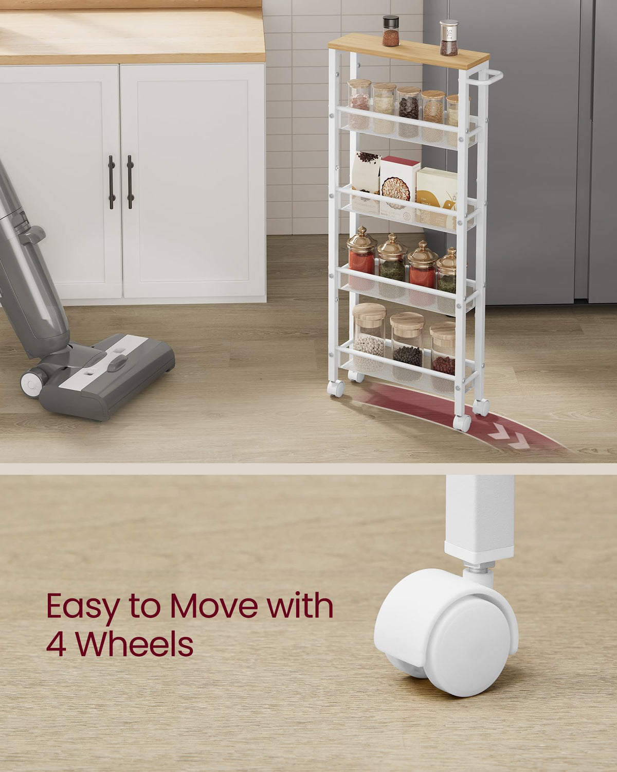 VASAGLE 5-Tier Storage Cart Slim Rolling Utility Organizer Oak & White NEW